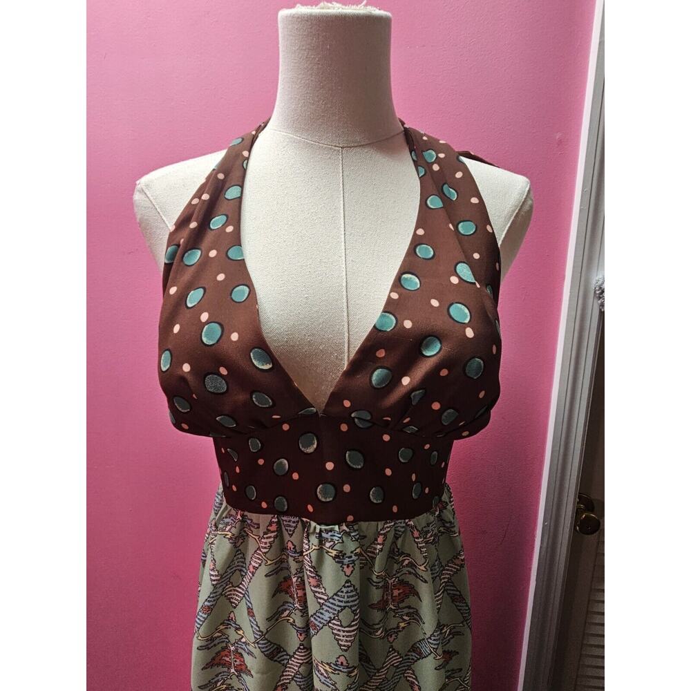 Denny‎ Rose Polka Dot Aztec Maxi Halter Dress Push Up Bra Italian 40 Small 4